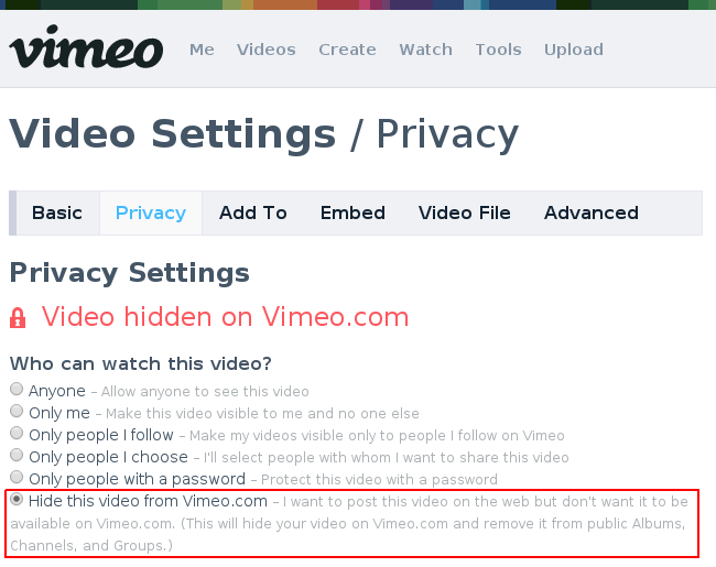 Vimeo.com privacy settings