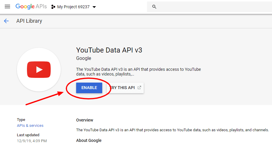 enable YouTube Data API