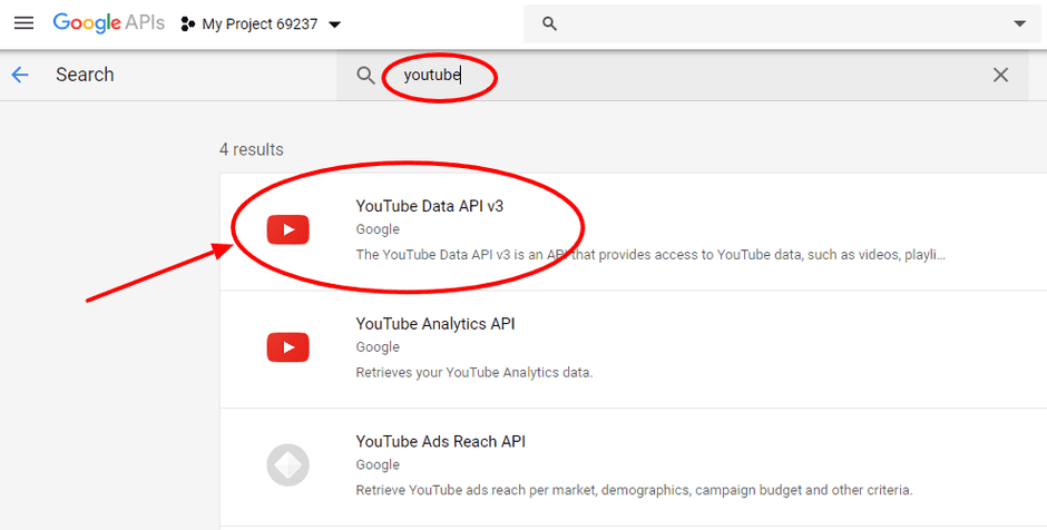 YouTube Data API v3 search result